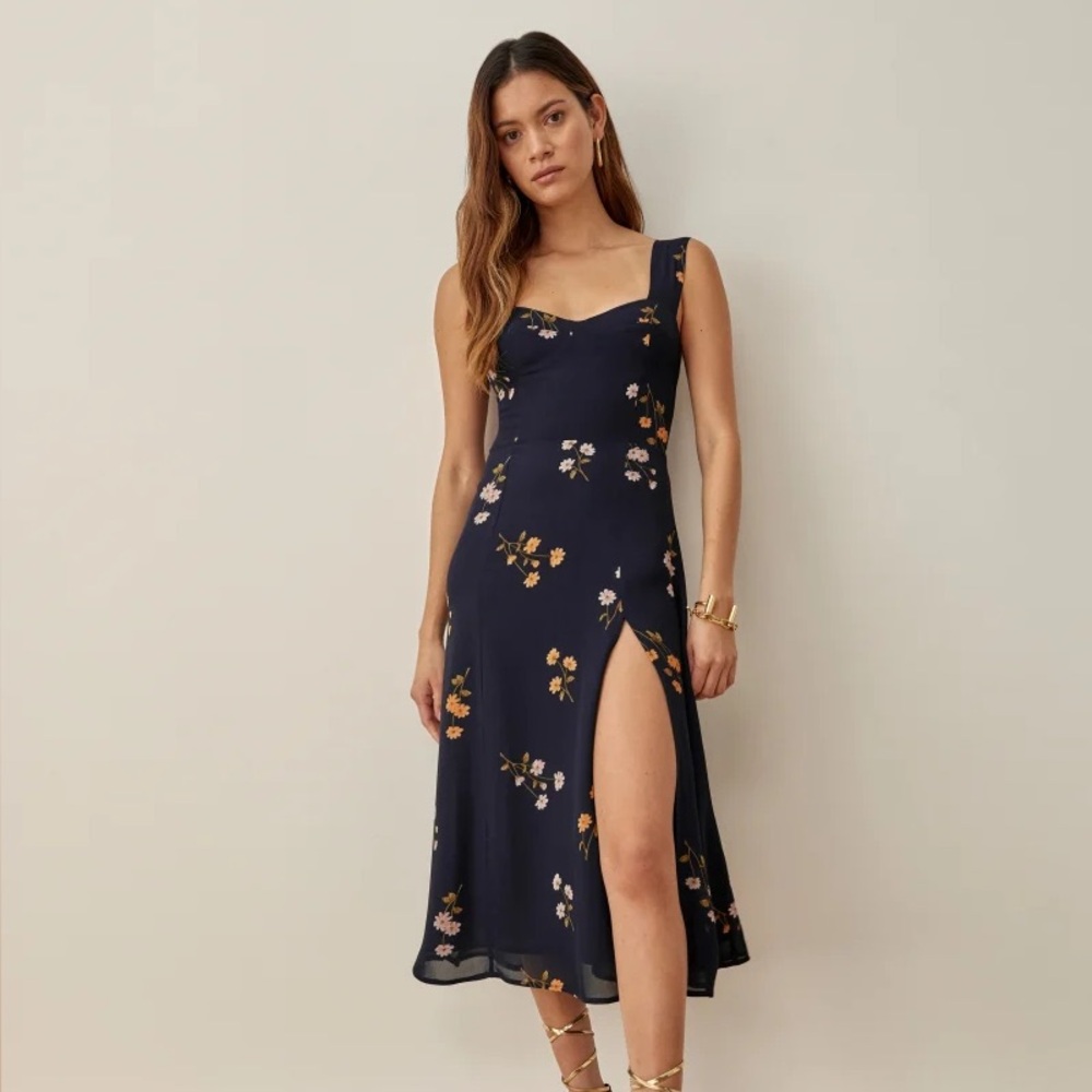 Reformation Navy Floral Fulton Midi Dress